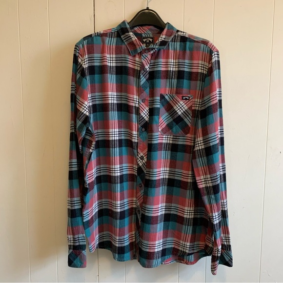 Billabong Men's Plaid Shirt - Teal, Red, and Black - Picture 2 of 7
